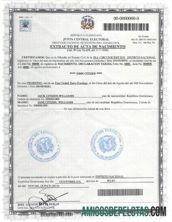 Certidão de Nascimento DOMINICANA exemplo real